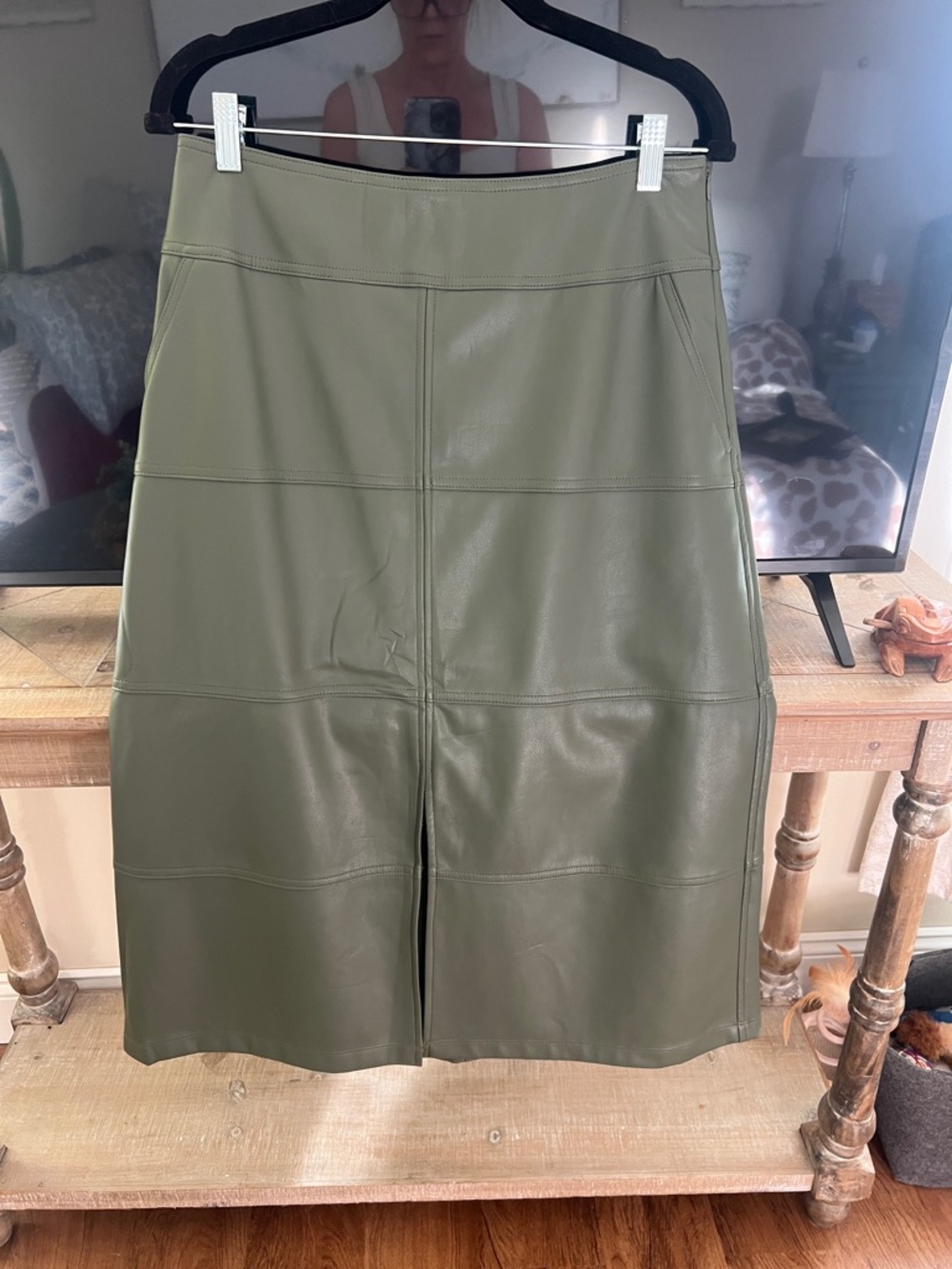Cabi Olive Green Faux Leather Midi Skirt